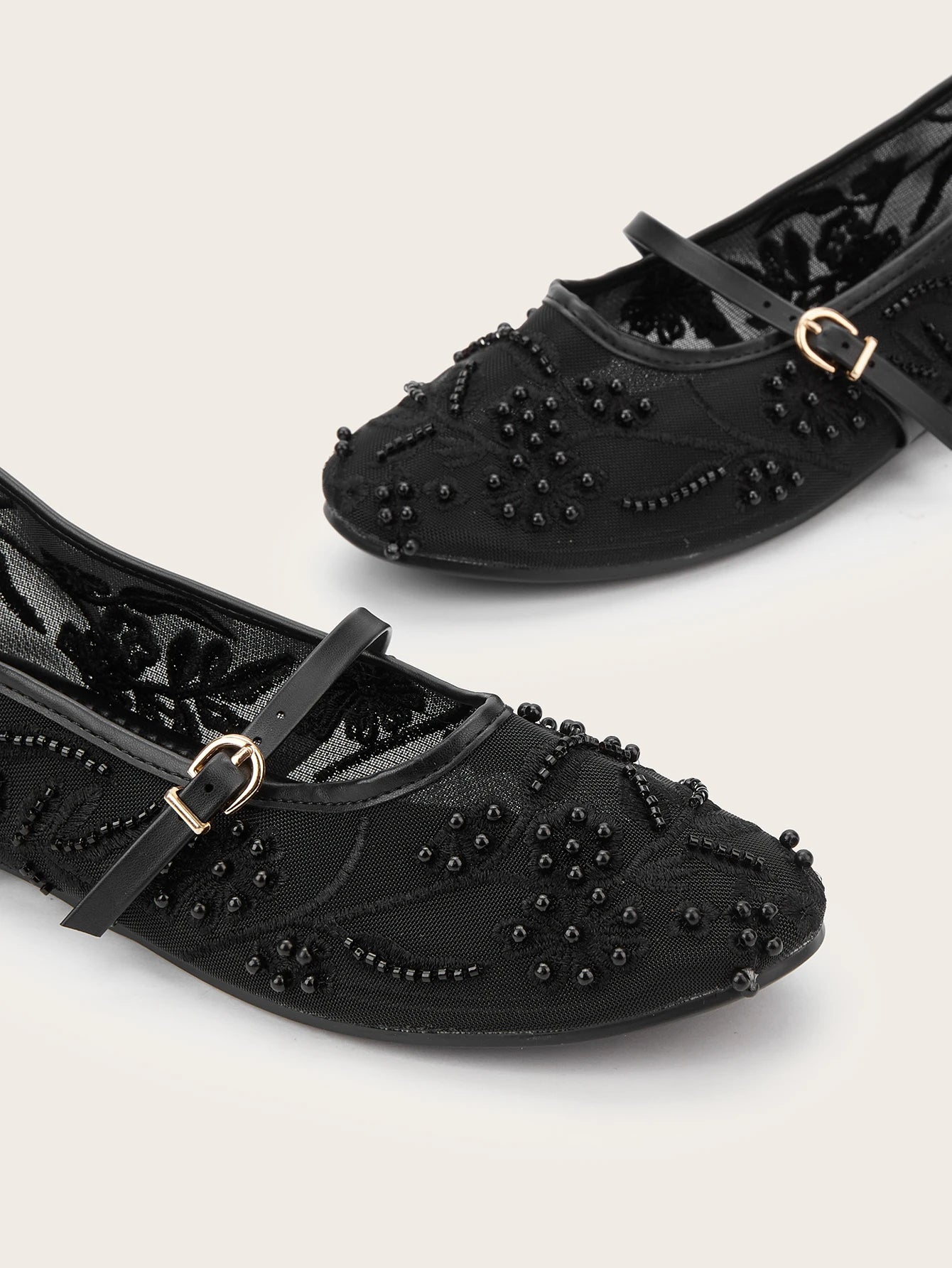 LBSFY -Embroidery String Bead Mesh Ballet Flats Women Fashion White Pearl Mary Jane Shoes Light Summer Flats Elegant Cozy Flat Sandals