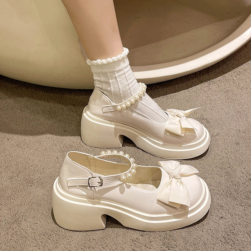 LBSFY -Fashionable Mary Jane Women's Shoes Thick Soles and Heightening Spring New Sweet Bow Shallow Mouth Buckle High-heeled Shoes
