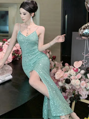 LBSFY -Women's Sexy Green Evening Dresses Slim Backless V-Neck Split Gown Long Dress Fashion Robe Birthday Party Vestidos Spring Autumn