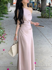 LBSFY -Elegant French Chic Satin Women's Dresses Solid Pleated Slim Waist Inclined Shoulder Mermaid Dress 2025 New Summer Evening Party