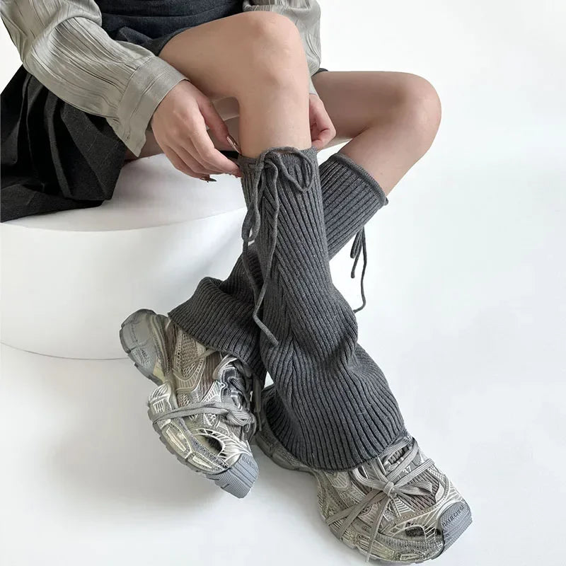 Lbsfy Y2K Strappy Design Flared Leggings Korea Women Knitted Covers Socks Leg Warmers Winter Thickened Calf Socks Harajuku Leg Covers
