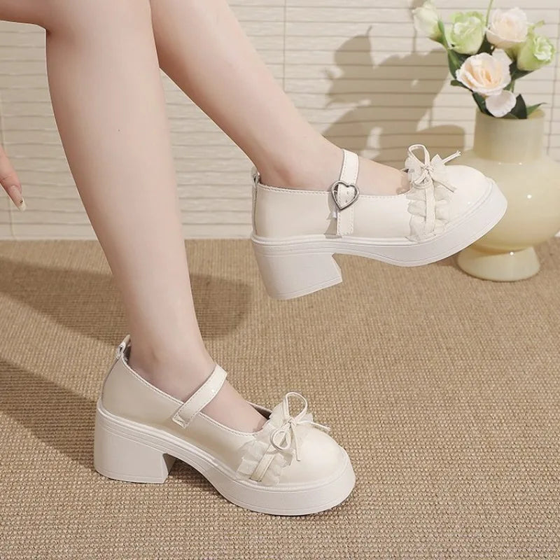 LBSFY -Ankle Buckle Chunky Heels Bow Women Japanese Style Patent Leather Mary Jane Shoes Woman Punk Thick Heels Single Lolita Shoes
