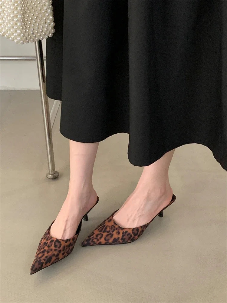 LBSFY -Spring New Leopard Print Women Slipper Pointed Toe Thin Low Heel Sandal Ladies Mules Shoes Zapatos Mujer