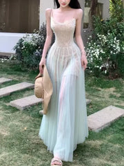 LBSFY -Summer Lace Mesh Elegant Spliced Sling Dresses For Woman 2025 Sexy Zipper New Fashion Evening Party Prom Long Dress 2025 Vestido
