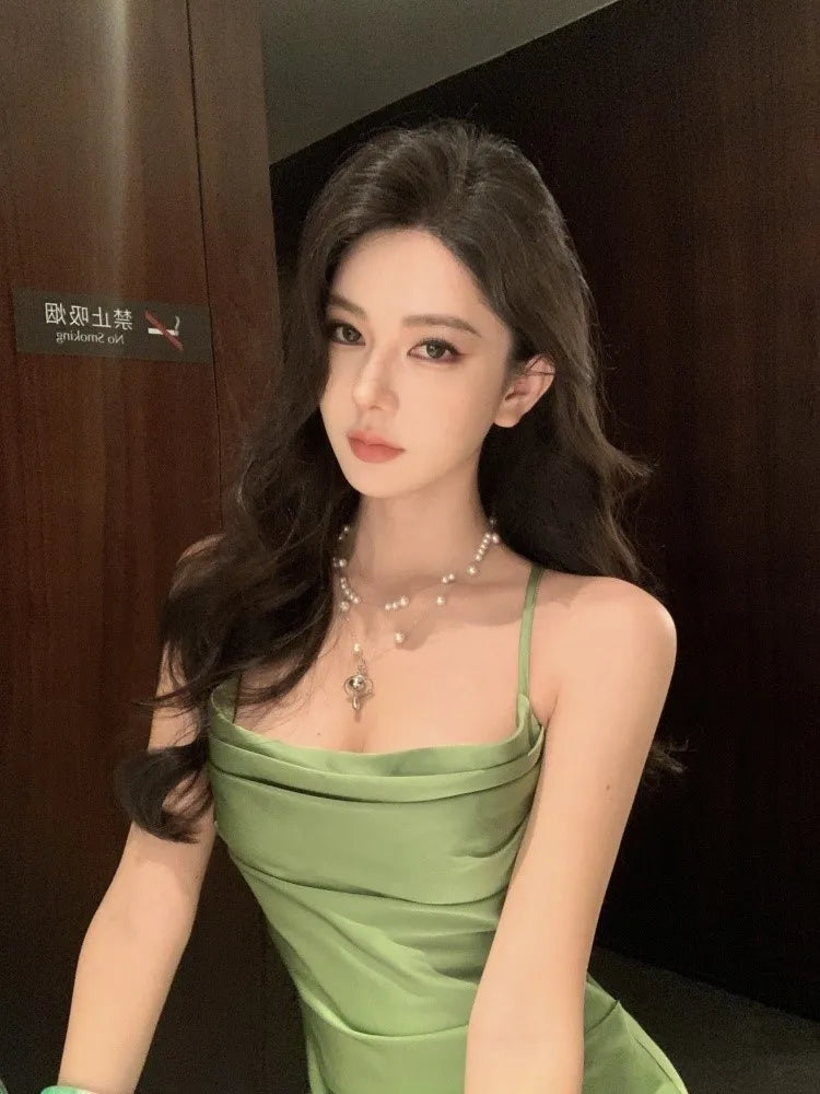 LBSFY -French Elegant Satin Women's Dresses Summer Swing-Collar Side Slit Slim Sexy Green Sling A-line Dress Party Evening Chic 2025