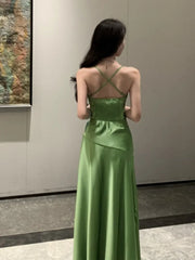 LBSFY -French Elegant Satin Women's Dresses Summer Swing-Collar Side Slit Slim Sexy Green Sling A-line Dress Party Evening Chic 2025