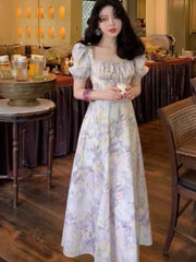 LBSFY -Women's French Print Dresses Casual New Elegant Vintage Square-Collar Floral A-Line Slim Puff-Sleeve Dress Holiday Summer Chic