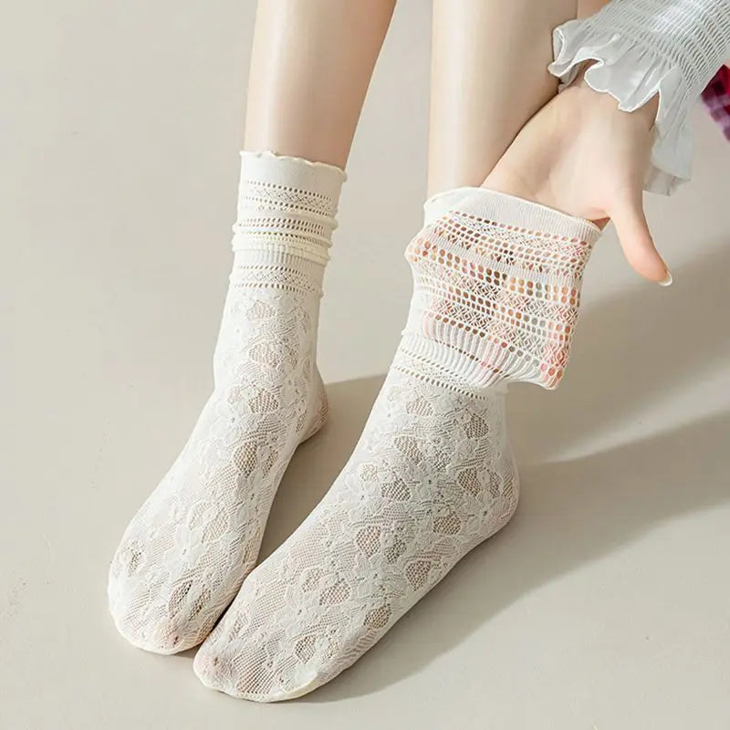 Lbsfy Summer Thin Socks Women Hollow Lace Solid Color Middle Tube Casual Socks for Women Breathable Black White Sock
