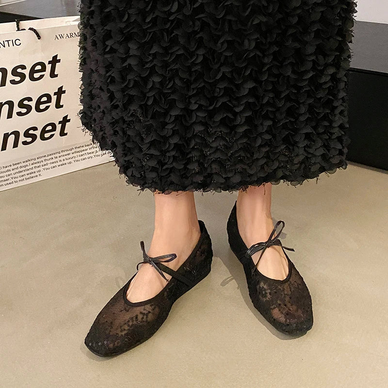 LBSFY -Mesh lace inner heightening women's shoes 2025 summer new sexy square head shallow breathable ballet shoes bow flat shoes