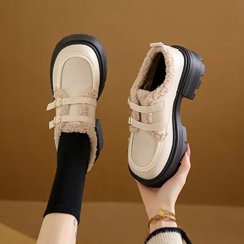 LBSFY  -  British Style Leather Shoes for Girls Winter 2024 Thick Soled Lamb Wool Warm  Uniform School Cotton Shoes Plush PU woman