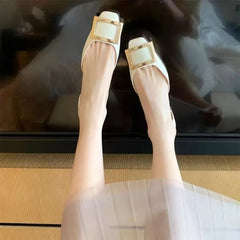 LBSFY -New Women Sandals Metal Square Buckle Leather Thick Heel Square Toe Sandal Spring Casual Low Heel Back Strap Fashion Sandals