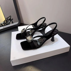 LBSFY -New Women's Red Sexy Metal Buckle High Heels Women Ankle Strap Wedding Party Shoes Ladies Square Toe Elegant Brand Sandals Women