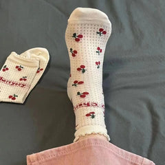 Lbsfy Summer Cherry Print Socks Female Thin Mesh Socks Students Girls Cute Kawaii Harajuku Socks For Girls Gift Streetwear Ruffle Soks