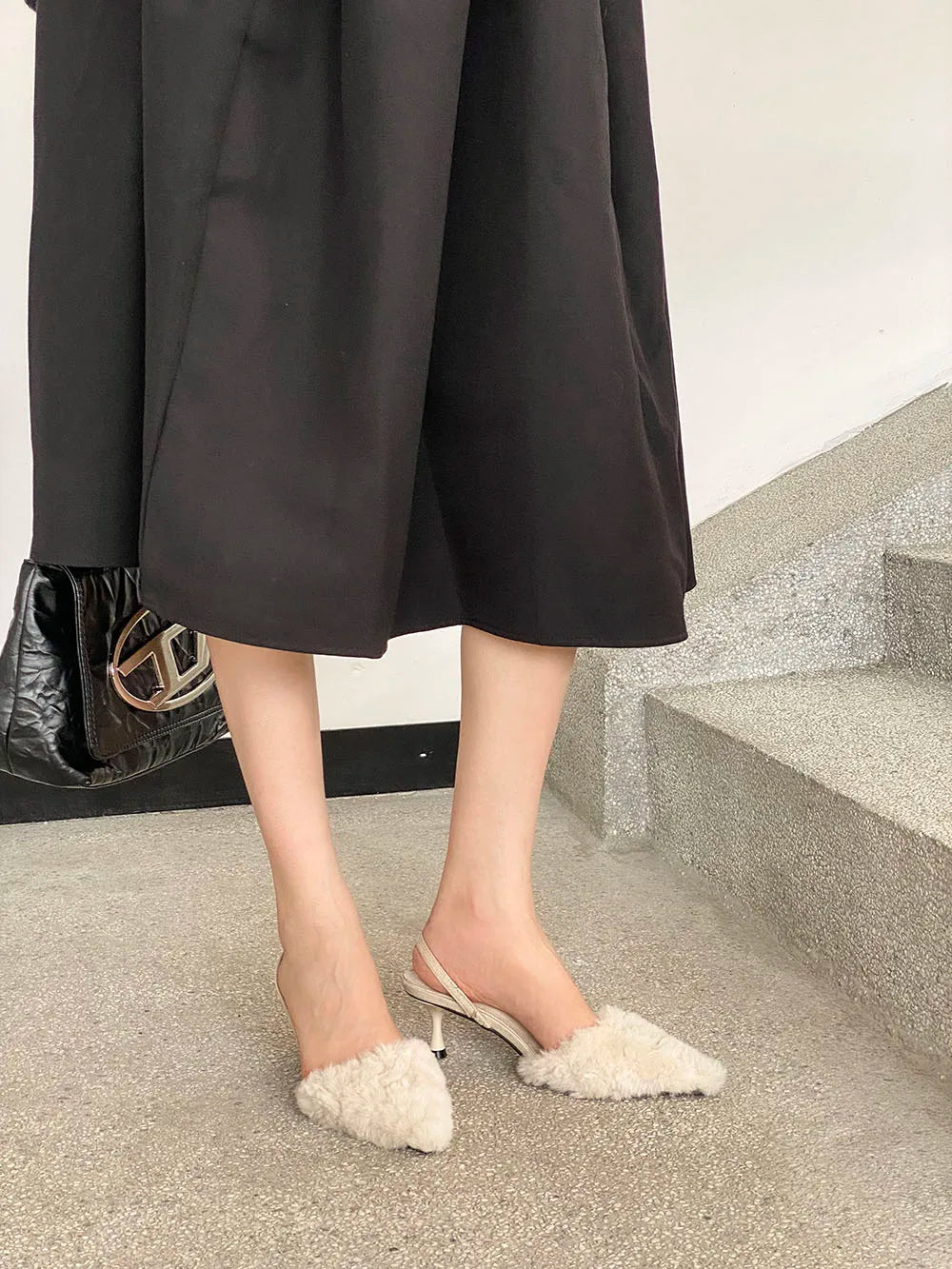 LBSFY  - Pointed Toe Women Sandals Fur Design Back Strap Thin High Heels Black Pink Beige Fashion Sexy Dress Shoes Woman Size 35-39