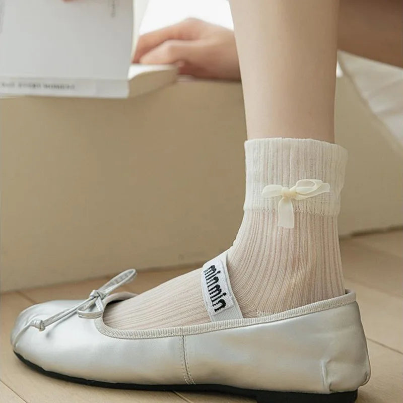 Lbsfy Summer Cool Thin Socks Woman Solid Color Bowknot Lace Glittering and Translucent Low Tube Casual Black White Socks for Women