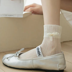 Lbsfy Summer Cool Thin Socks Woman Solid Color Bowknot Lace Glittering and Translucent Low Tube Casual Black White Socks for Women