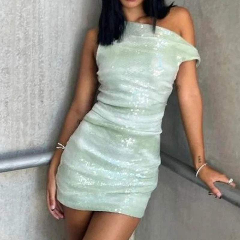 LBSFY  -  Sexy Sleeveless Banquet Short Dress Elegant Glitter Sequins Pleat Wrap Hip Dress Women Fashion Hight Waist Slim Club Party Dress