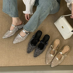 LBSFY -Mesh Hollow Out Buckle Strap Mules Slippers Women Elegant Fashion Pointed Toe Square Low Heels Shoes