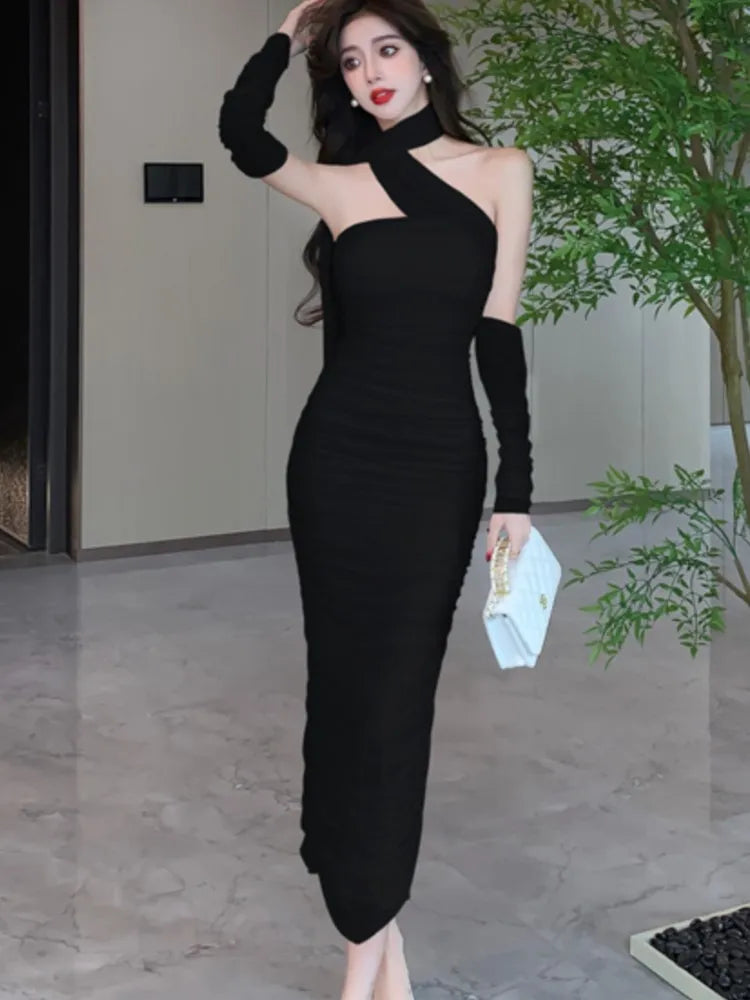 LBSFY -Fashion Sexy Halter Pleated Party Dress for Women Vintage Elegant Autumn Strapless Birthday Ladies Bodycon Split Vestidos Mujer