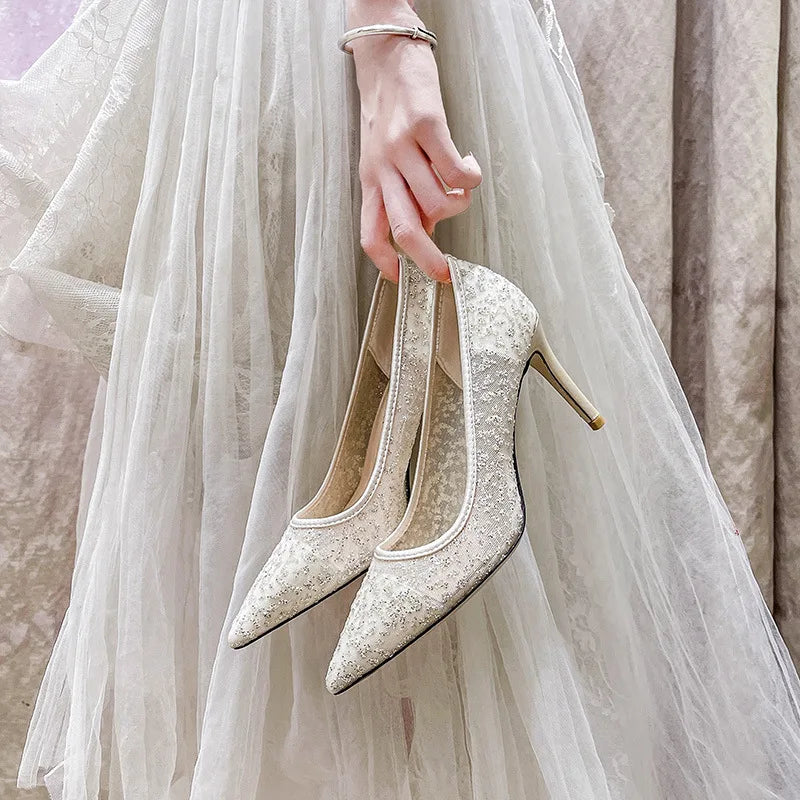 LBSFY  -  High heels thin heels, sequins, sexy mesh, bride's wedding shoes, bridesmaids, lace wedding shoes, banquet dresses, single shoes