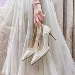 LBSFY  -  High heels thin heels, sequins, sexy mesh, bride's wedding shoes, bridesmaids, lace wedding shoes, banquet dresses, single shoes