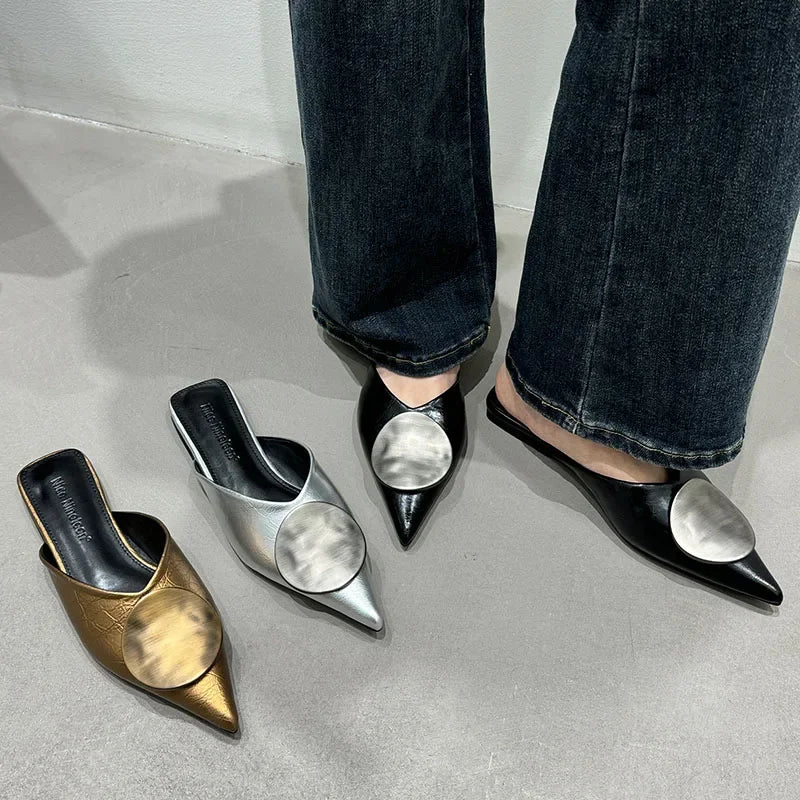 Lbsfy Women Slippers Designer Flat Sandals Summer Slides Non-slip Metallic Color Fashion Footwear Brand Pointed Toe Mules Ladies