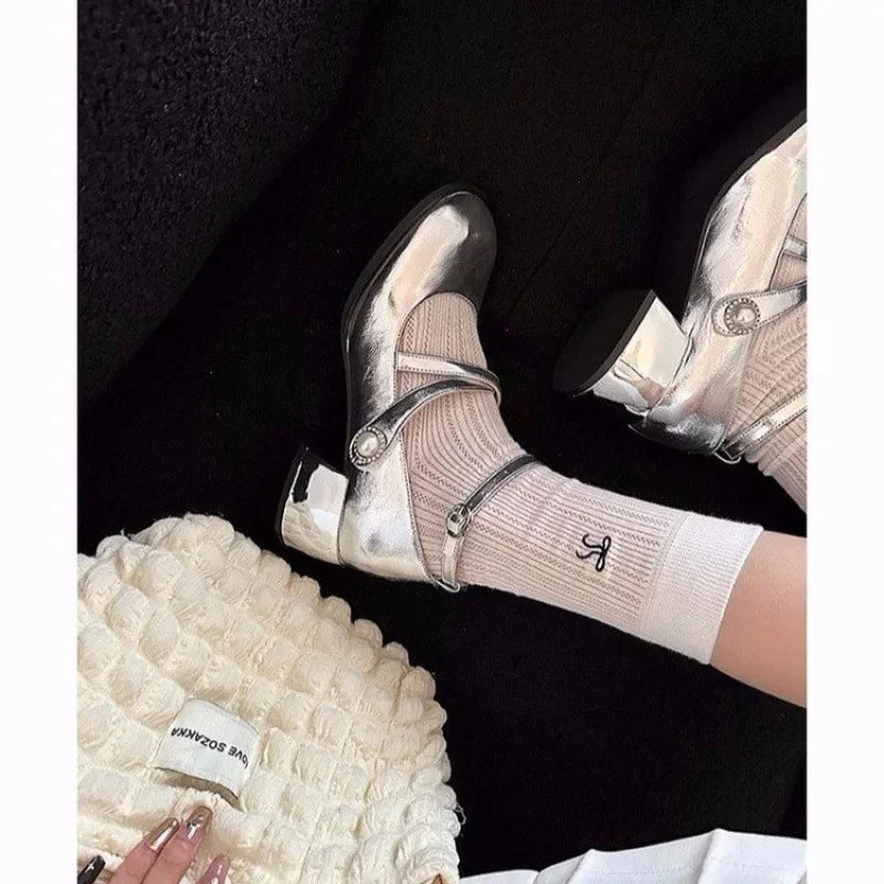 LBSFY -French Silver Mary Jane High Heels Women's Shoes Spring Summer New Style Square Head Thick Heel Buckle Strap High Heels