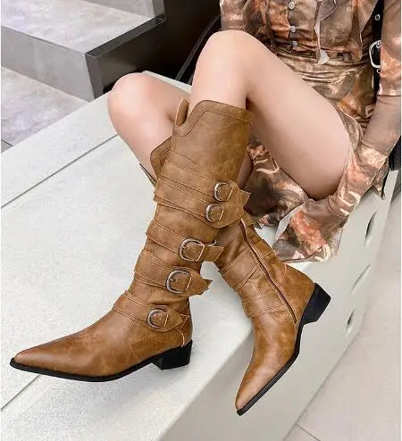 LBSFY  -  Retro Girls Brown Black Matte Leather Belt Buckles Pointed Toe Zipper Side 3 CM Low Heels Knee High Boots Women Knight Boots