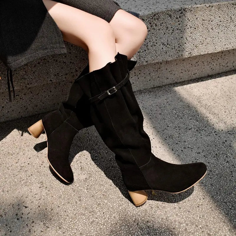 LBSFY  -  Ins Hot Cow Suede Leather Knee High Boots Round Toe Slip On High Heels Buckle Black Brown Women Boots Fashion Shoes