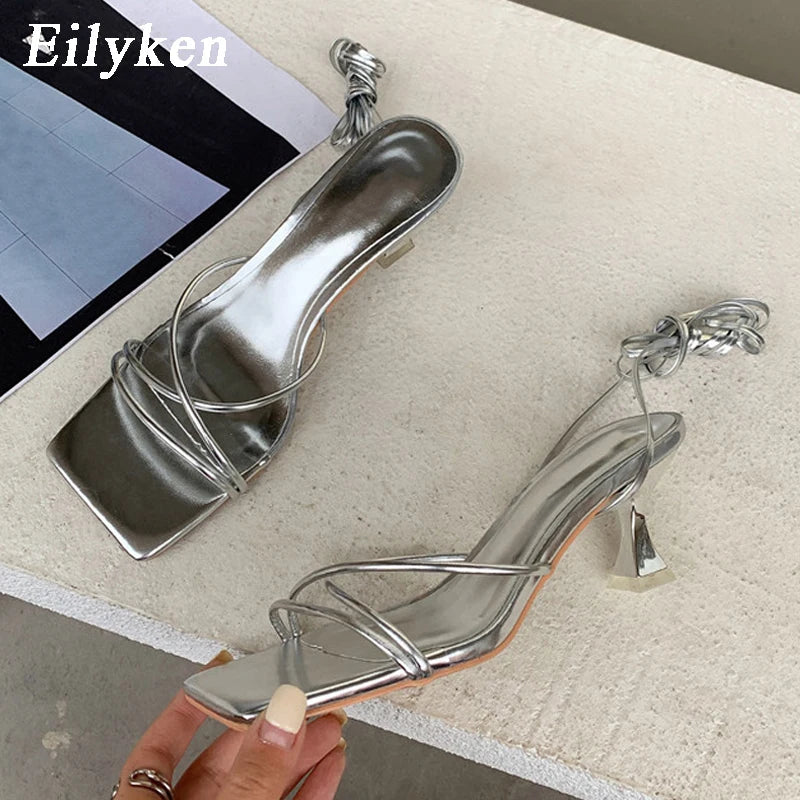LBSFY -Fashion Gold Silver Sandals Thin Low Heel Lace Up Rome Summer Gladiator Women Casual Narrow Band Shoes Sandalias De Mujer