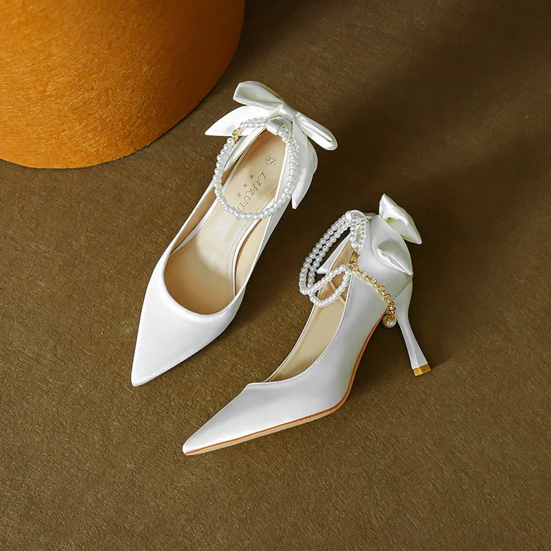 LBSFY  -  Size 31-44 Stiletto Heel Pointed Toe Pearls Strap High Heels Lady Bow Satin White Wedding Shoes