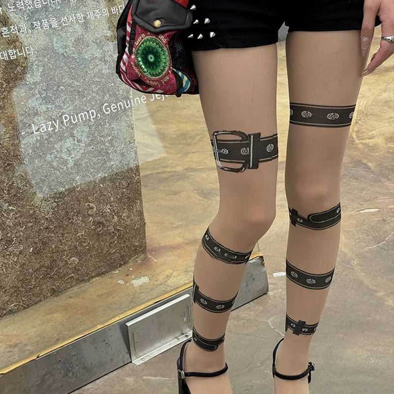 Lbsfy Black Leg Loop Long Stockings Punk Women Y2k Jacquard Gothic Waist Nightclub Party Sexy Cosplay Tights Lingerie Pantyhose