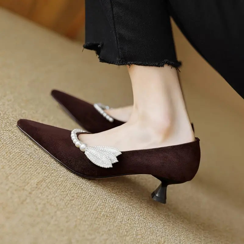 LBSFY  -  2024 New Suede Leather Women Pumps Pointed Toe Mid Heels Ladies Party Wedding Shoes Pearl Spring Summer Fashion Shoes