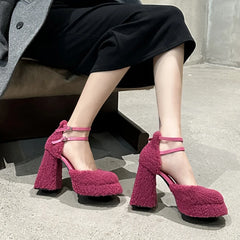 LBSFY  -  Fluffy Fur High Heels Pumps Women 2024 Spring Ankle Straps Red Mary Jane Shoes Woman Chunky Platform Thick Heeled Party Shoes