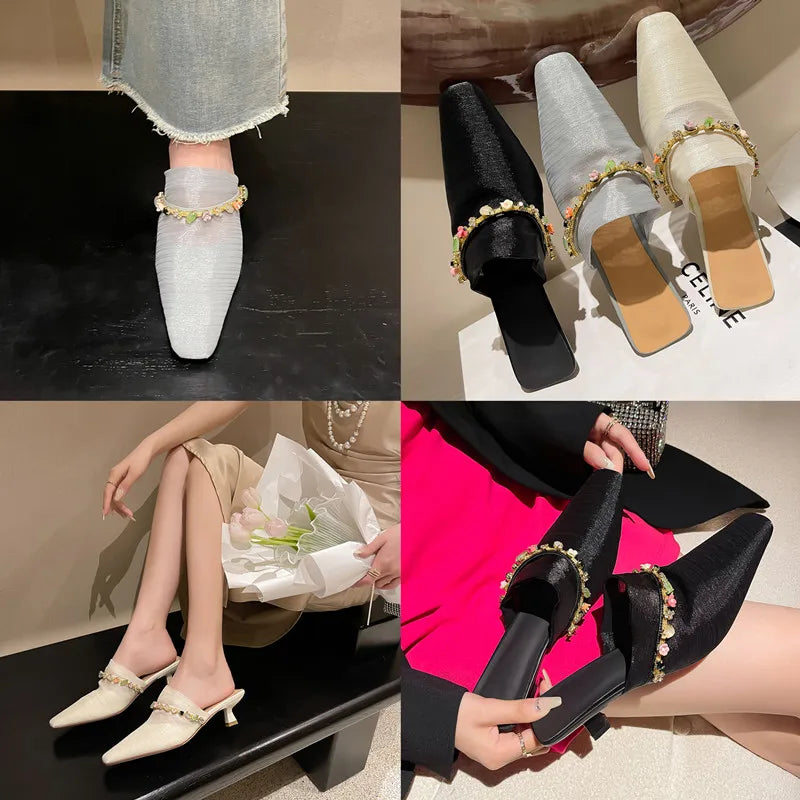 LBSFY  -   Fashion Sandals Women New High Quality Elegant Ice Mesh Crystal Slippers Banquet Dress Modern Muller Slippers