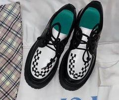 LBSFY  -  Girls Black White Patchwork Checkered Grid Thick Sole Loafers Shoes Women Round Toe Lace Up Height Increasing 6 CM Heels Pumps