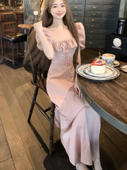 LBSFY -Korean Summer Elegant Fashion Women's Dresses Puff Sleeves Square-Collar Vintage Folds Split Lace Up Long Dress 2025 Vestidos