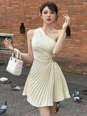 LBSFY -Y2K Sweet Sexy Backless Solid Mini Dress Inclined-Shoulder Pleated Women's Dresses Beach Vacation Party Spring Summer 2025 New