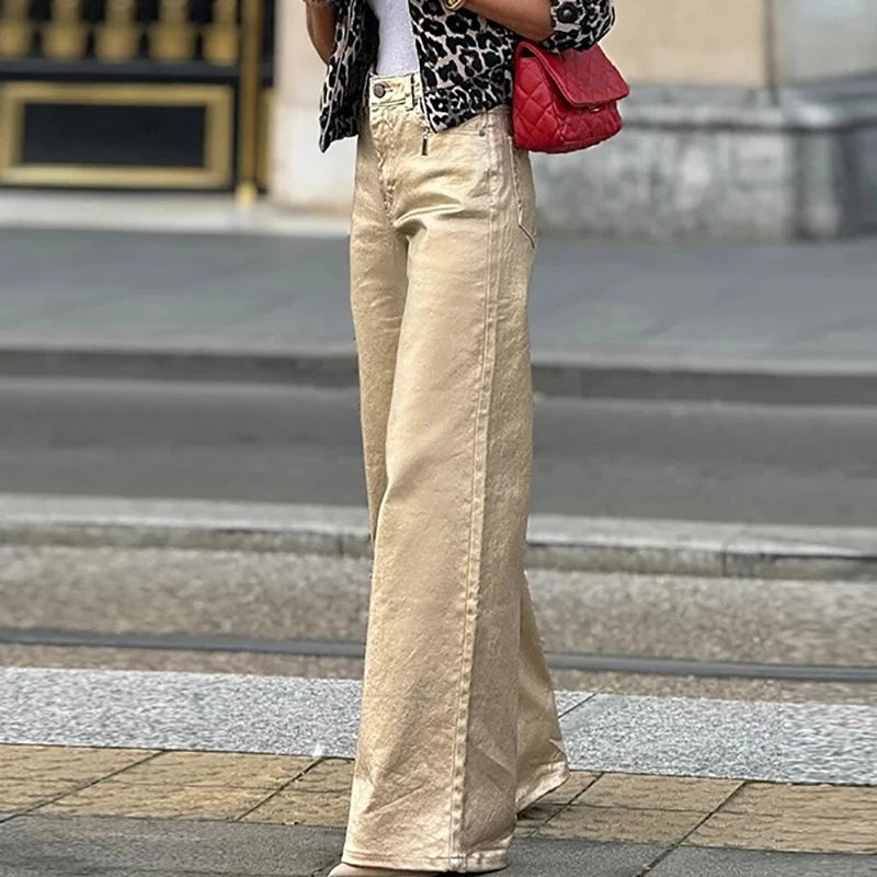 LBSFY  -  Retro Light Flare High Waist Trousers Women High Street Solid Color Button Pants Harajuku 2025 Loose Female Pockets Style Pant