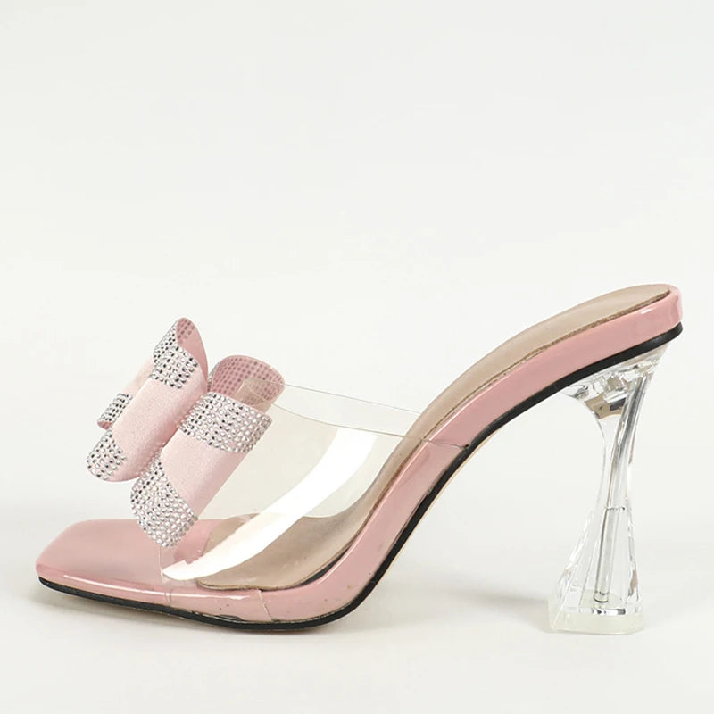 LBSFY  -Summer Transparent Perspex High Heels Slippers Sexy Street Woman Square Toe Dress Shoes Crystal Bowknot Designer Sandals