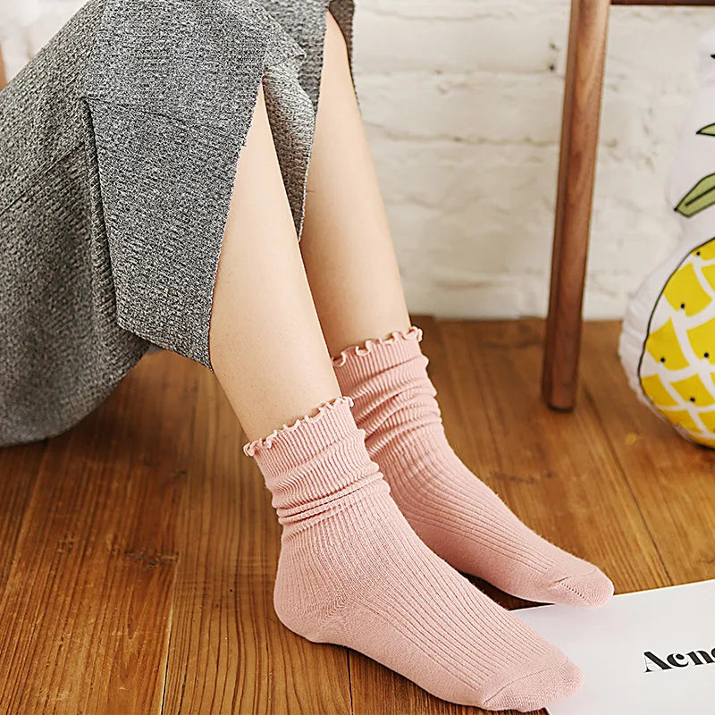 Lbsfy Japanese Retro Ruffled Cotton Socks Women Solid Color Ankle Boot Styling Harajuku Christmas Girlfriend Gift Pink Yellow Cute