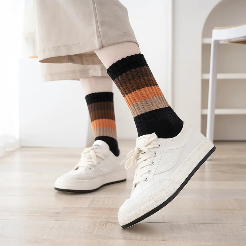 Lbsfy 5 Pairs Women Socks Cotton 1 Set Autumn Winter Middle Tube Breathable Fashion Harajuku Cute Rainbow Stripes Socks Pack Wholesale