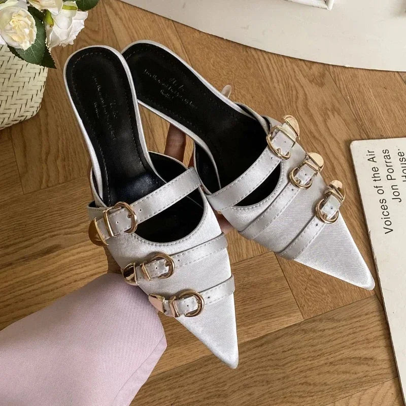 LBSFY  -  Luxury Belt Buckle Satin Designer Slippers Woman Sexy Pointed Toe Slides Sandals Fashion Thin High Heels for Women Mules Loafers