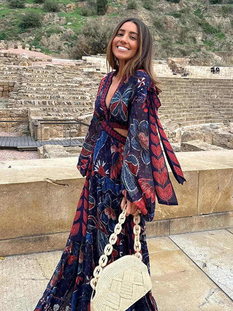 LBSFY  -  Fashion Flower Printed Deep V-neck Women's Dress Elegant Puff Sleeves Lace Up Hollow Out Waist Vestidos New Female Holiday Robes
