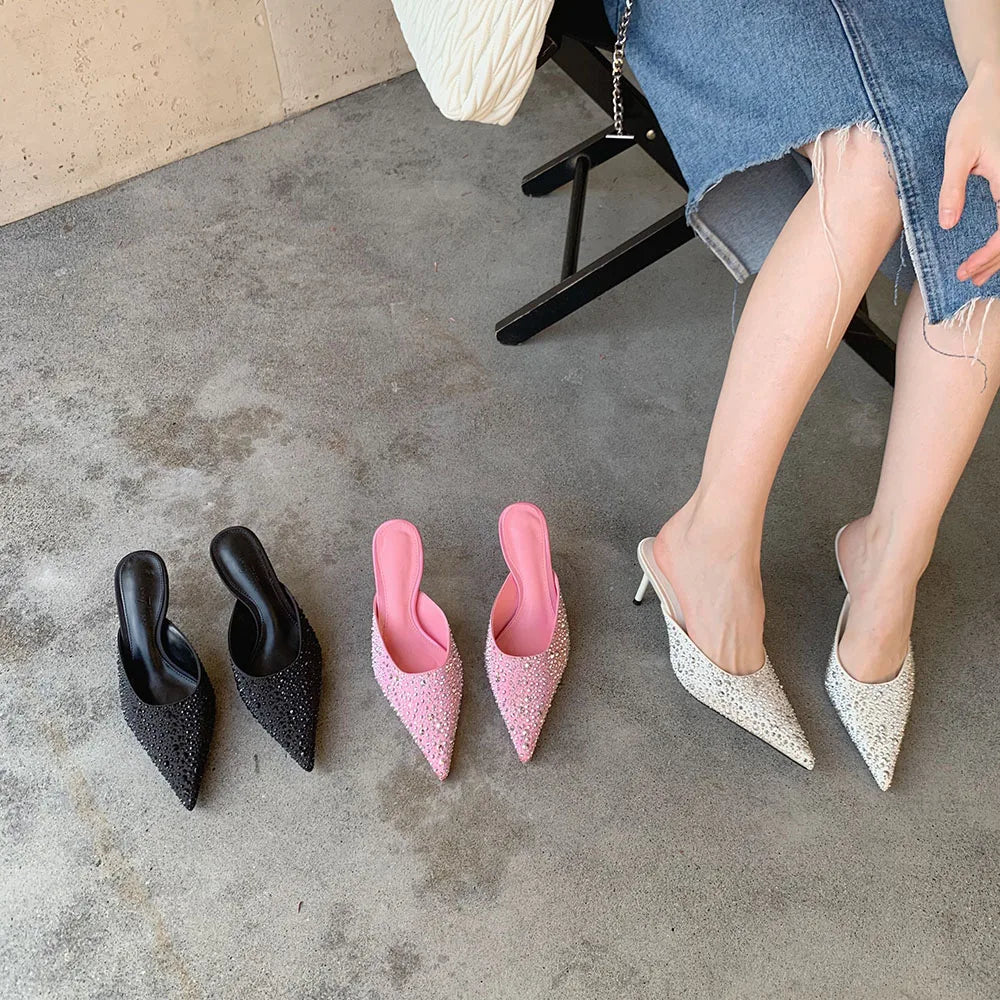 LBSFY  - Pointed Toe Women Sandals Slippers Black Pink White Shining Dress Shoes Thin High Heels 2024 New Arrivals Party Pumps Sexy Slide