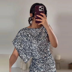 LBSFY  -  Women 2025 One Shoulder Short Sleeve Club Dress Elegant O-Neck Sequin French Style Glitter Dress Spring Temperament Party Dress