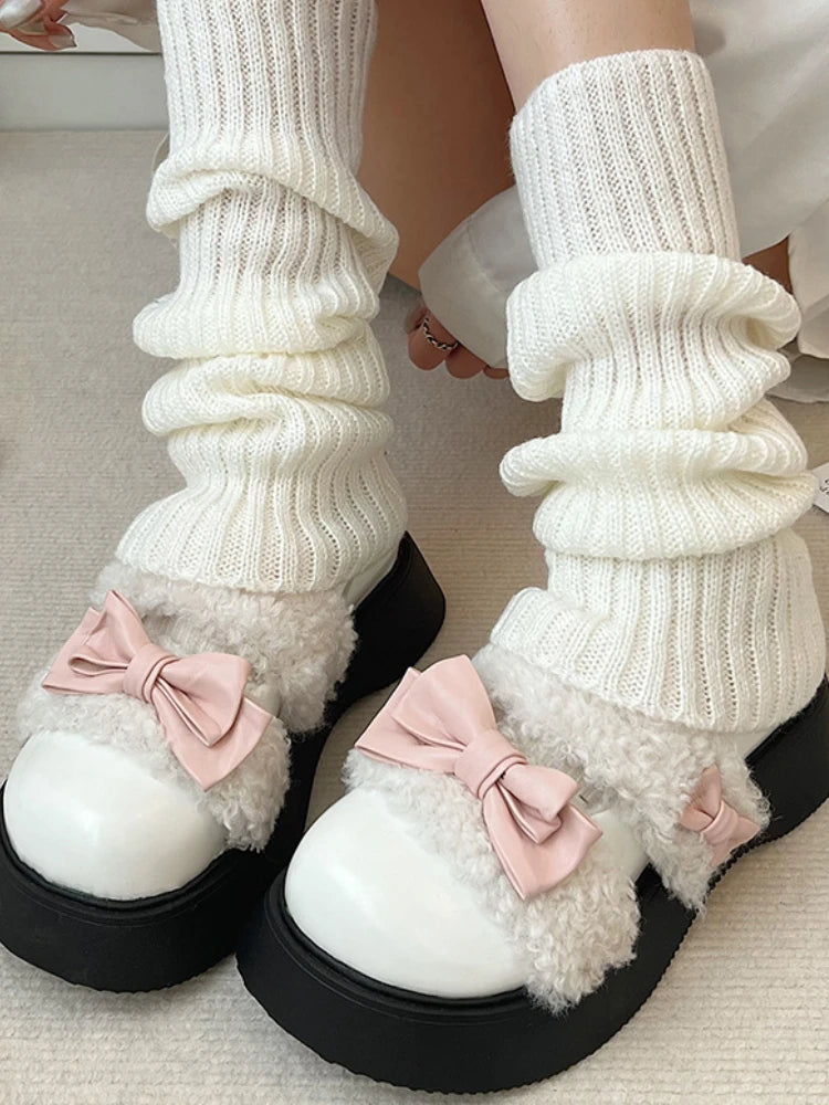 LBSFY  -  Japanese Kawaii Sweet Shoes Women Warm College Style Bow Cute Lolita Shoes Female Pure Color Hook Chic Plush Shoes Winter 2024