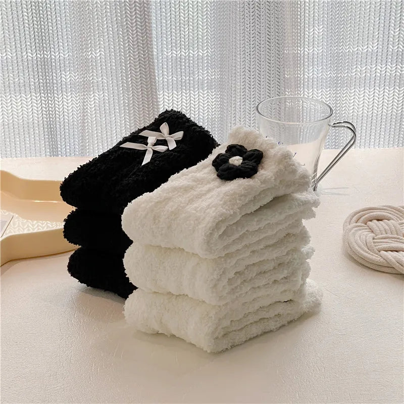 Lbsfy Women Cute Fuzzy Socks White Black  Winter Warm Fleece Kawaii Flower Bowknot Fluffy Socks Fashion Thicken Home Floor Sleep Sock