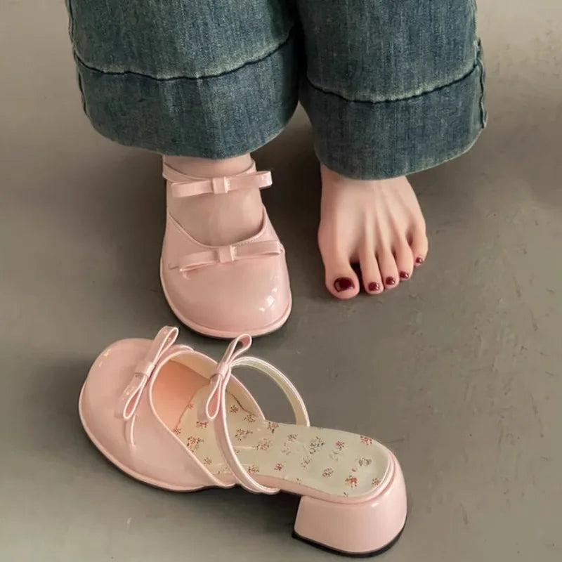 LBSFY -Small Floral Baotou Slippers for Summer Wear 2025 New Round Toe Shallow Mouth Bow with Skirt Block Heel High Heel Sandals