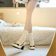 LBSFY -2025 Women's Bow Design Round Toe Low Heel Shoes Cute Girly Style Autum Pu Leather Mid-Heel Lolita Shoes